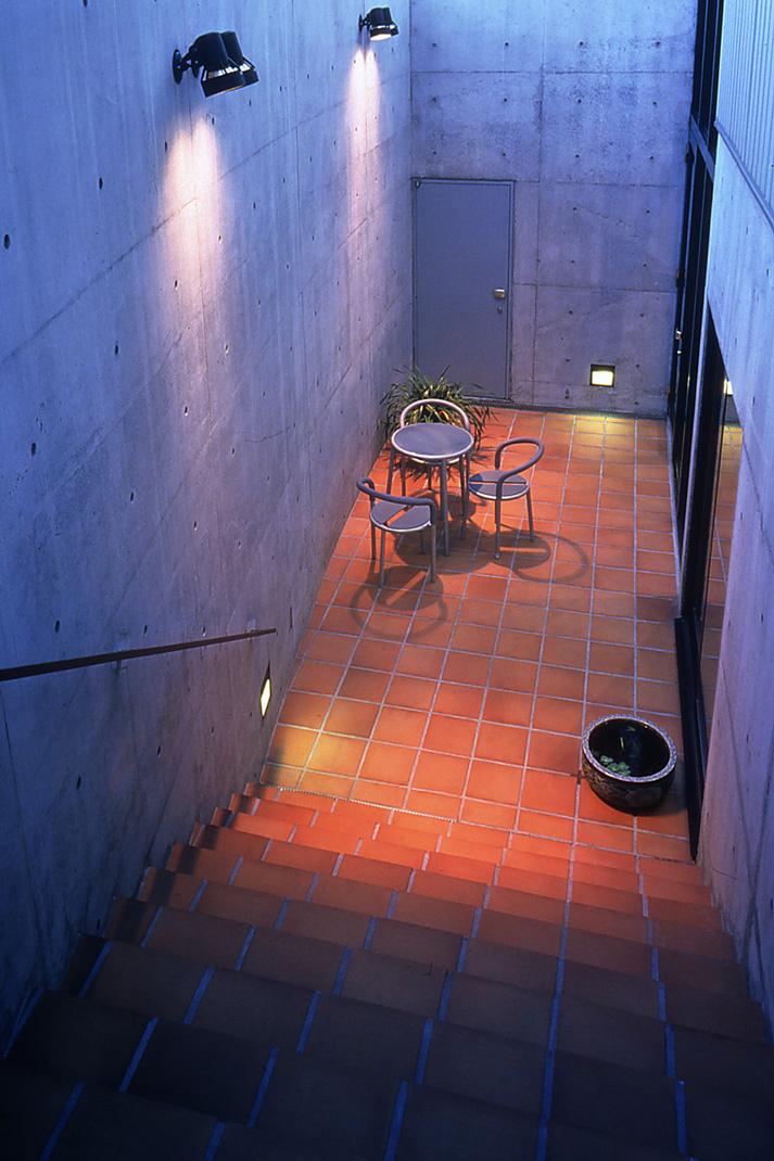 コンクリート打放しの壁で囲われた地階のコートヤード