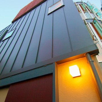 ちょっとハードなイメージのガルバリウムの屋根もユニークな表情に
