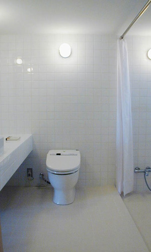 トイレとカーテンで仕切ってホテルライクなバスルーム