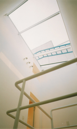 建物中央にトップライトのある階段室で明るい室内