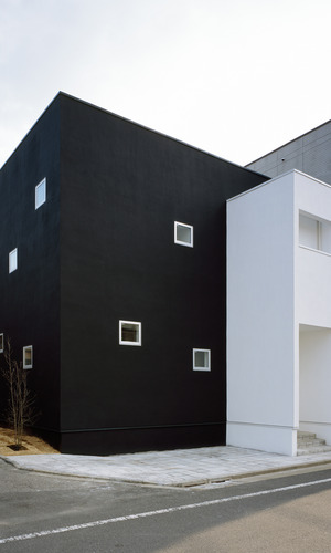 住宅地というキャンパスに、黒い箱と白い箱をそっとおいた家