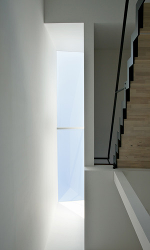 階段室からリビングに連続する壁面を美しく照らすトップライト