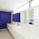 白の空間に彩度の高い青色の壁が、生活感を感じさせない洗面所