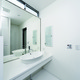 トップライトからの光と壁一面の鏡が、洗面所を広く見せる手段の一つ