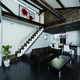 黒いPタイル床と、壁面や階段に使用した木目の美しさが、現代風の和を演出したLDK