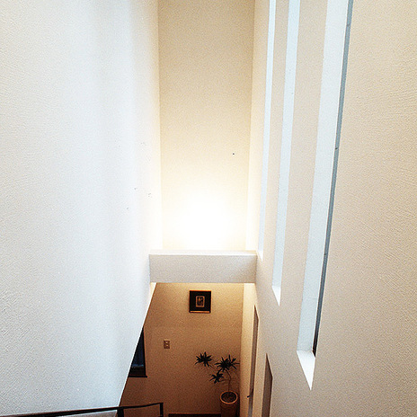 同じピッチで配置された細長い６個の窓から入る光が、吹き抜け空間の余白を楽しませてくれる階段