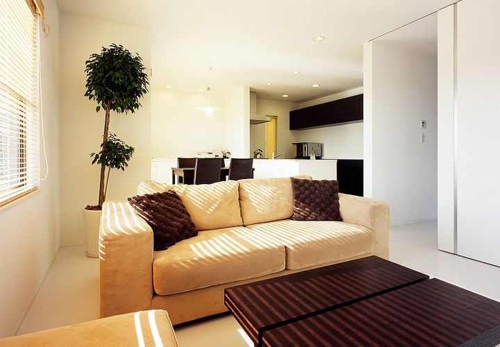 キャメル色のソファとテーマカラーの焦げ茶色が、飽きのこないベーシックな空間作りに役立っている