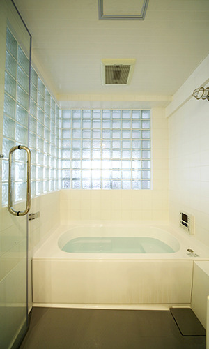 ガラスブロックの壁で明るい浴室
