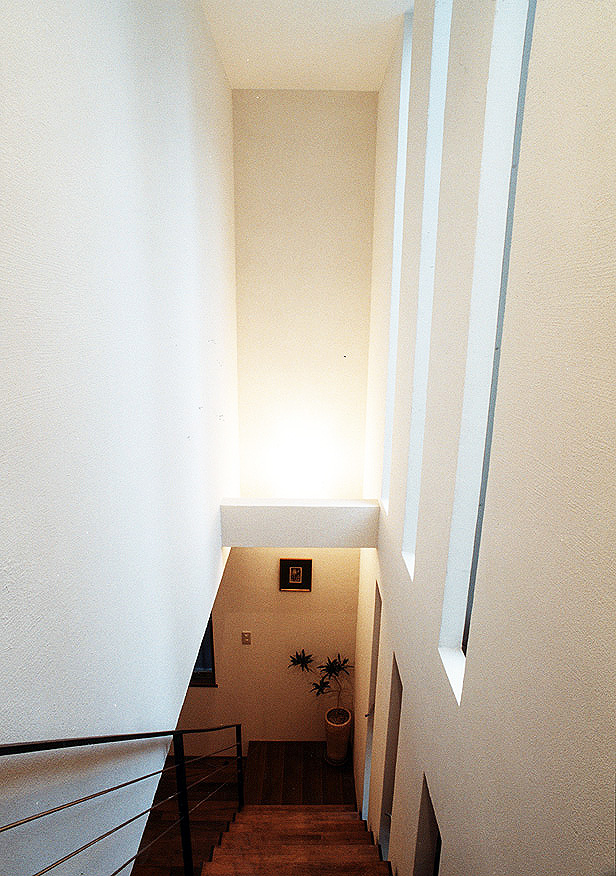 同じピッチで配置された細長い６個の窓から入る光が、吹き抜け空間の余白を楽しませてくれる階段